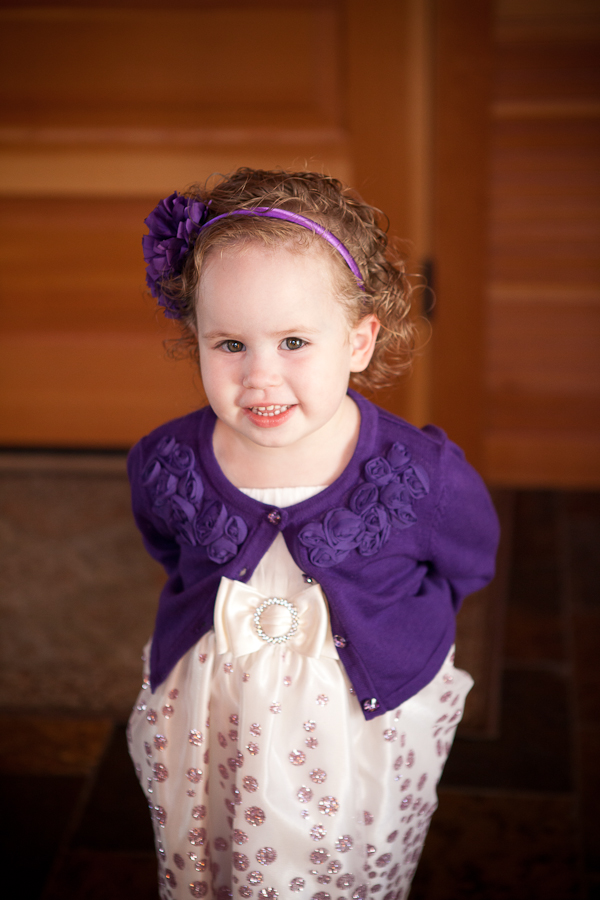 purple and white flower girl dress